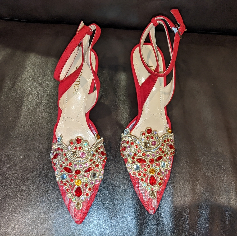 J. Renee red blingy ankle strap pumps 7.5M NEW